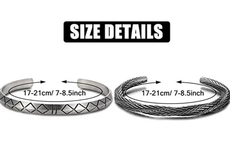 Product shot of minimalist bangle bracelets made from durable aluminum alloy, featuring an adjustable clasp and unique geometric engravings, displayed against a plain background along with measurements for sizing guides.